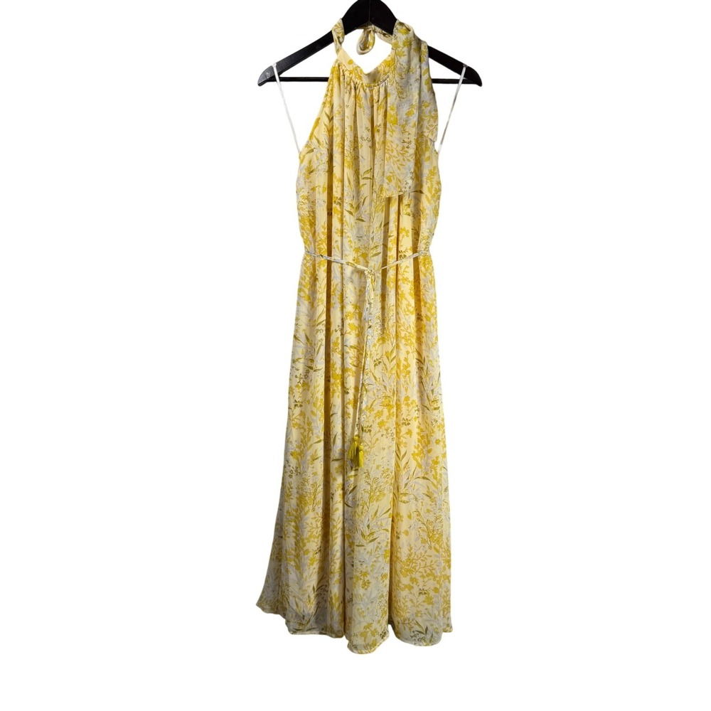 Aakaa Floral Halter Jumpsuit Yellow White Wide‎ Leg Cropped Flowy Boho Size M